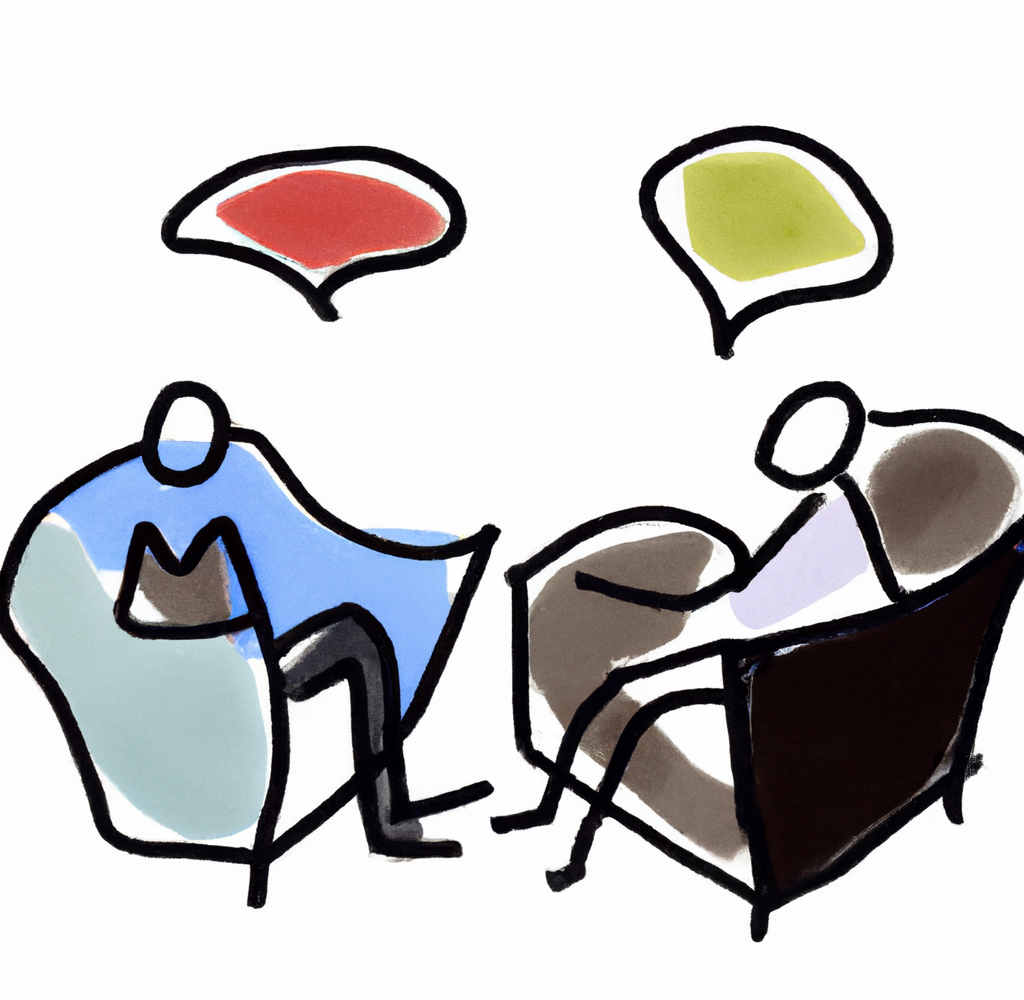Illustration af ledercoaching session mellem en erhvervspsykolog og en leder. Tegningen viser to personer i samtale med talebobbler, der symboliserer den reflekterende dialog i professionel lederudvikling.